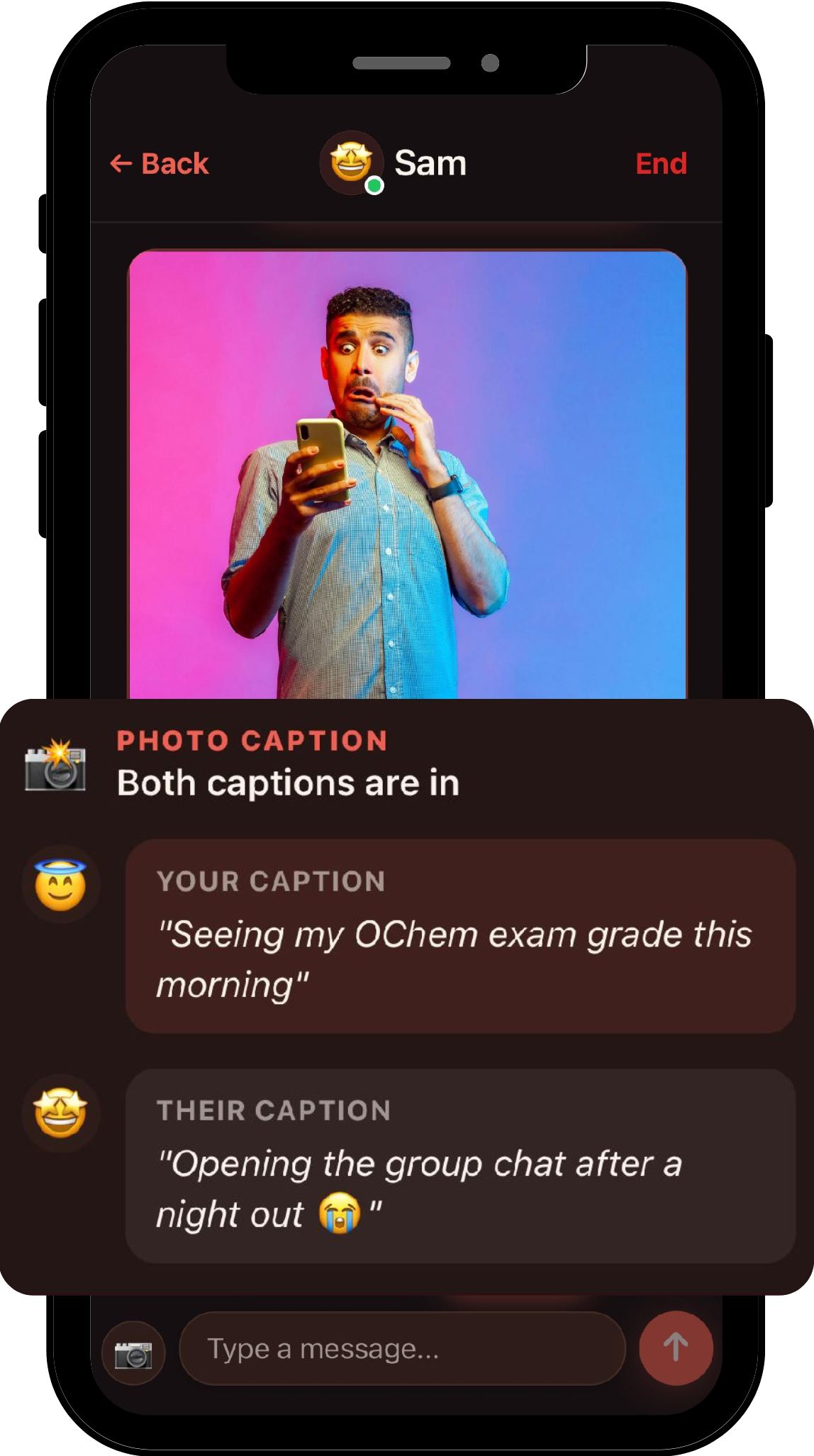 Chance app: one of the rotating in-chat games — both players caption the same photo