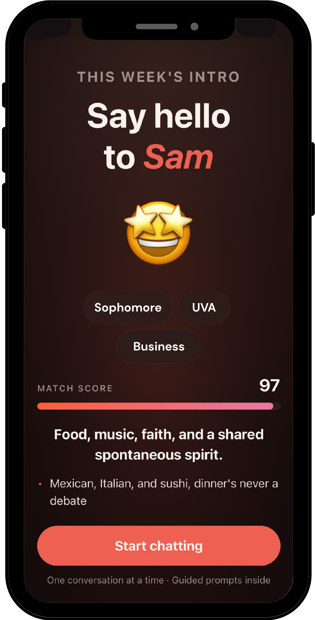 Chance app: this week's intro with match score and shared interests