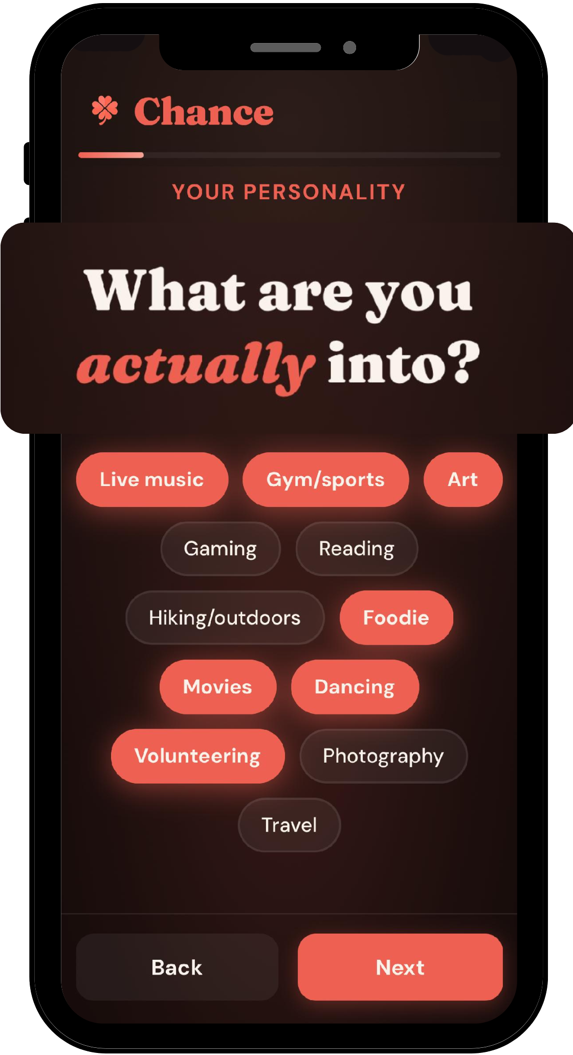 Chance app: personality quiz asking what you're actually into